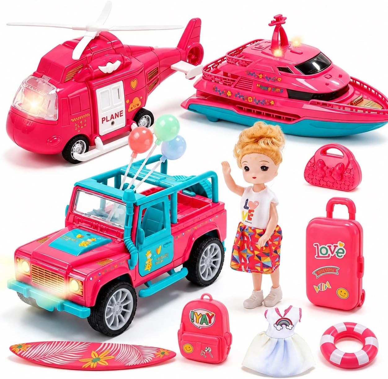 CUTE STONE 11 Pcs Vehicle Toy Playsets, Friction Powered Vehicles with Light and Sound, Pretend Play Travel Toy Car Set for Girls with Off-Road Vehicle, Boat & Pink Helicopter, Kids Girls Gifts