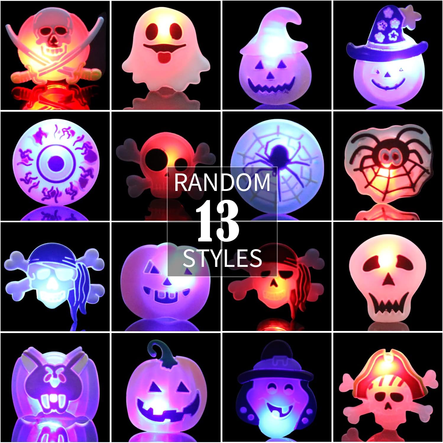 50-Pack Halloween LED Light-Up Rings – Glow In The Dark Pumpkin, Skull, Ghost Designs, Battery Included, Party Favors For Kids