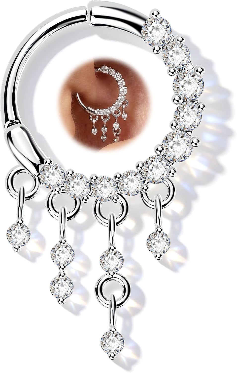 OUFER 16G Tassel CZ Daith Piercing Jewelry, 8mm Silver/Gold Helix Earrings