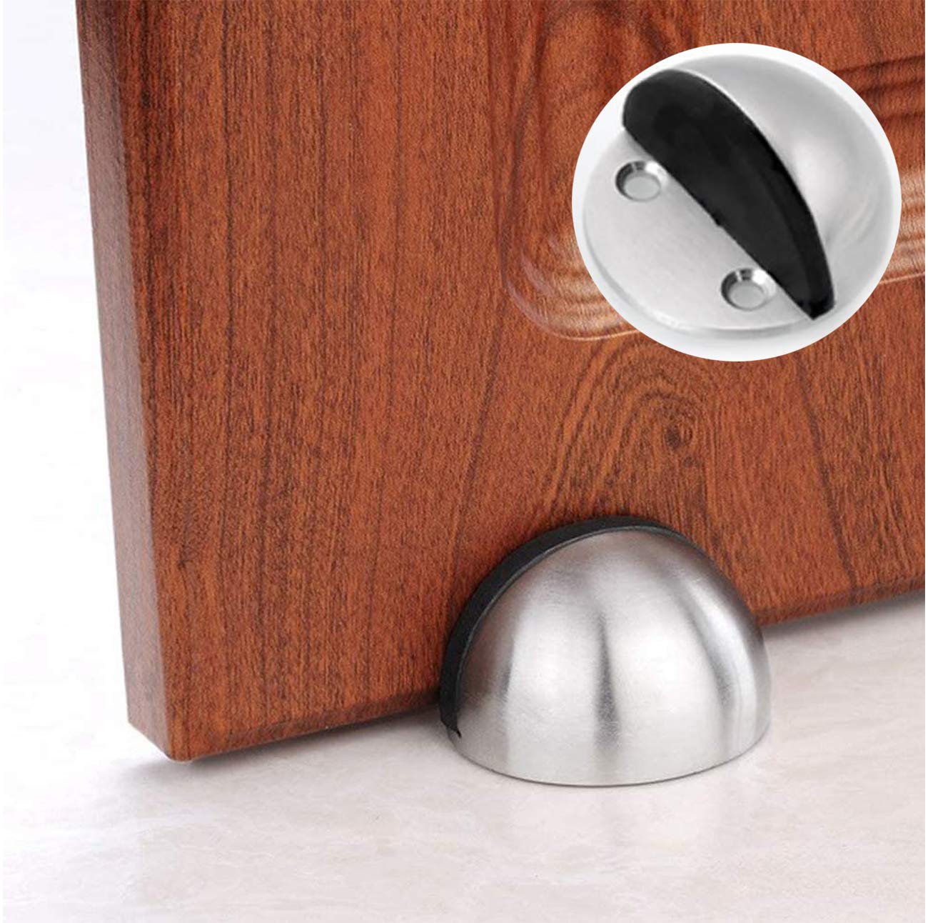 Floor Mount Door Stopper, DELFINO Stainless Steel Doorstops Door Catch Tape/Punch Door Holder, with Rubber Bumper Tip Half Moon Oval Wall Protector, for Hotel Home Office Bedroom Living Bath Room