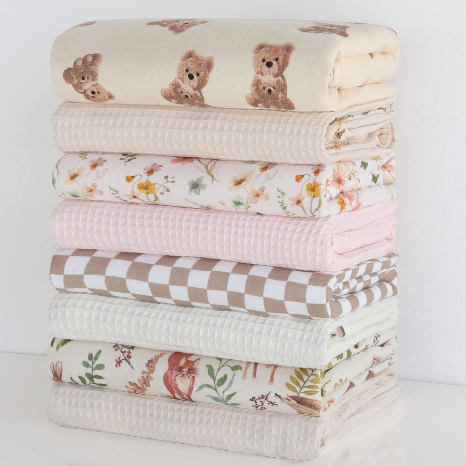 LifeTree Coperte per bambini a nido d'ape, coperte in mussola per ragazzi e ragazze, coperte neutre su entrambi i lati con parte anteriore in mussola e retro a nido d'ape, motivo orso
