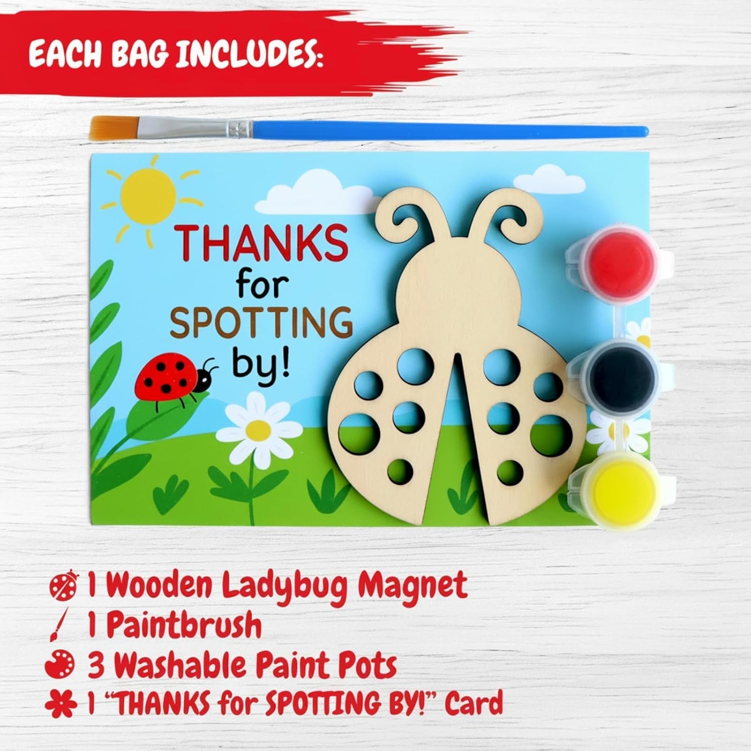 12 Pack Ladybug Party Favors for Kids - Individually Wrapped Paint Your Own Wooden Magnet Craft Kits with Thank You Card, Ladybug Birthday Decorations for Boys & Girls - Image 2