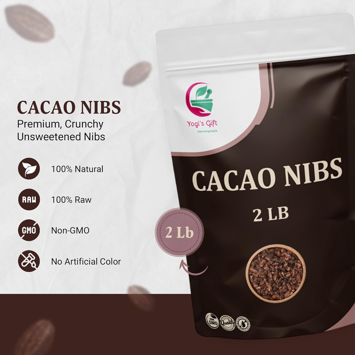 Cacao Nibs 2 LB – Raw Cacao Nibs Unsweetened – Crunchy Chocolate Nibs for Smoothies, Baking & Snacks – Premium Cacao by Yogi’s Gift®