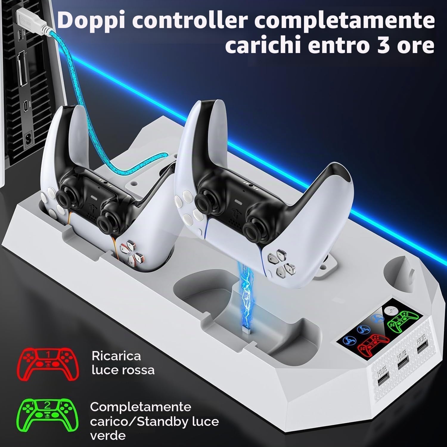 Tokluck Supporto per PS5/Slim/Pro con Raffreddamento, Caricatore per PS5 Controller, Ventola per PS5 a 3 velocità con Supporto per Cuffie e 3 USB HUB