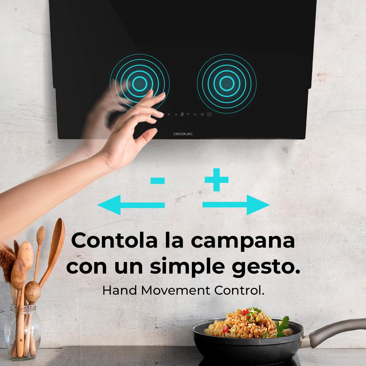 Cecotec Campana Extractora Decorativa 60 cm Bolero Flux DT 608001 Glass Black A++, 210W, Iluminación LED, Succión 800m3/h, Control Táctil, 3 Niveles, Filtro Carbono, Hand Movement, Delay Function