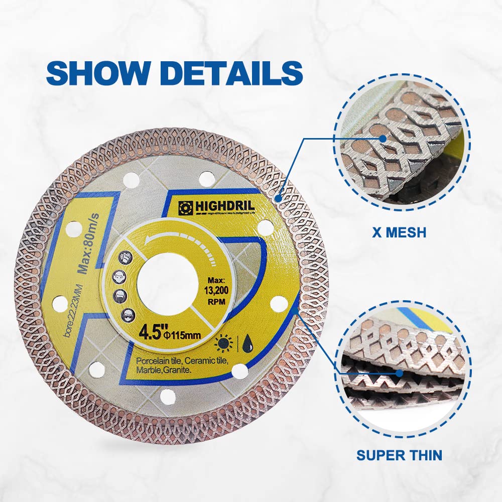 Hoja de diamante superfina, HIGHDRIL 3 piezas 115mm con cenador de 7/8-5/8 pulgadas,hoja de diamante seco húmedo con borde de malla X Angel Grinder disco de porcelana cerámica terracota granito mármol