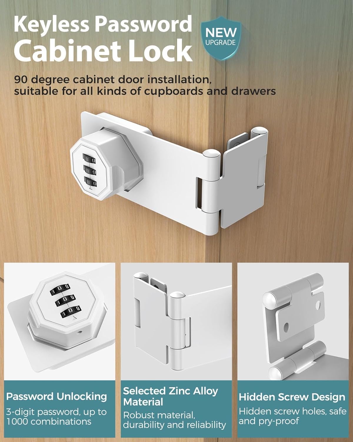 90 Degree Cabinet Combination Door Lock Latch, Zinc Alloy Password Rotary Hasp Lock, Keyless Folding Latches for Office File Cabinet, Drawers, Cupboard, Small Doors, Locker (2, White)