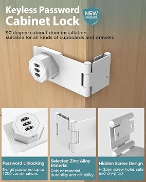 90 Degree Cabinet Combination Door Lock Latch, Zinc Alloy Password Rotary Hasp Lock, Keyless Folding Latches for Office File Cabinet, Drawers, Cupboard, Small Doors, Locker (1, White)