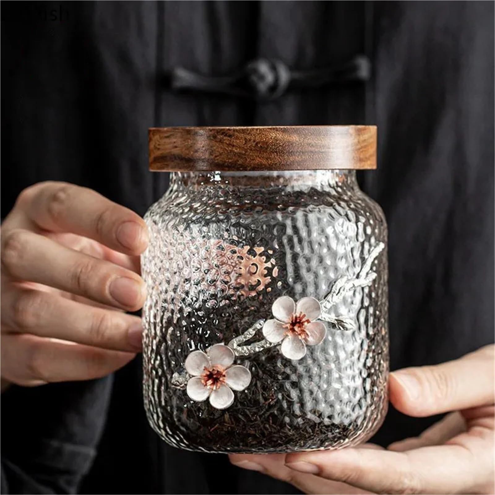 Barattolo di vetro Barattolo di caramelle creativo Barattolo di tè tridimensionale con fiori di pruno Barattolo di frutta secca di caramelle Conservazione domestica Per Conservare Caramelle(L (700ml))