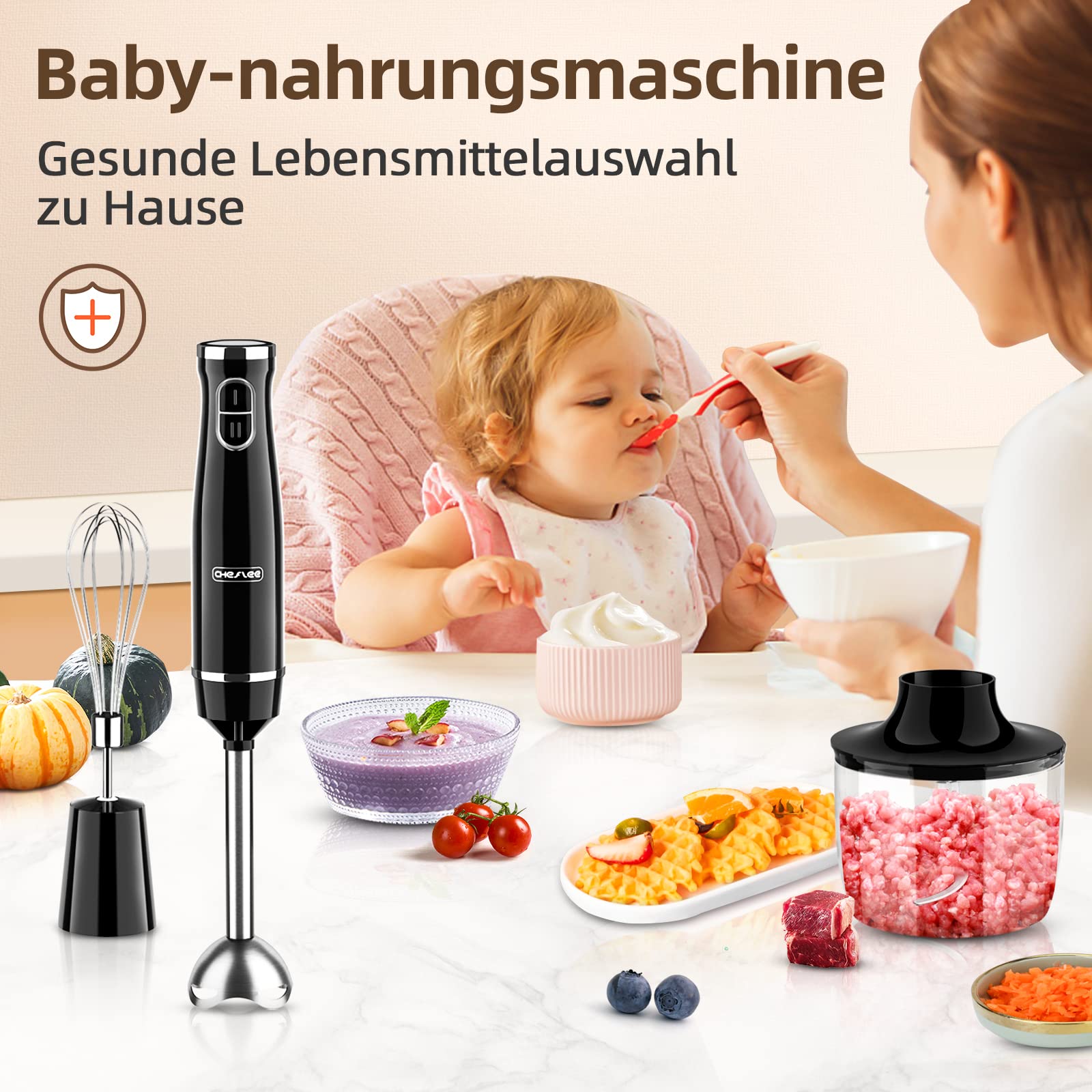 Cheflee 800W Frullatore Multifunzione 5 In 1 Frullatore Immersione, Mixer a Immersione Professionale, ad Immersione, Tritatutto Per Fare Frullati Purea Pappe