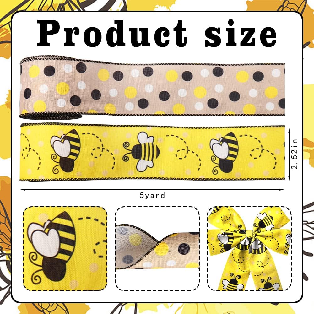 Hying 2 Rolls Bee Ribbons for Crafts Wreath Bows Gift Wrapping Bumblebees Wired Ribbon Yellow and Black Dots Ribbon for Home Birthday Party Decoration, 2.5" X 10 Yards image 2