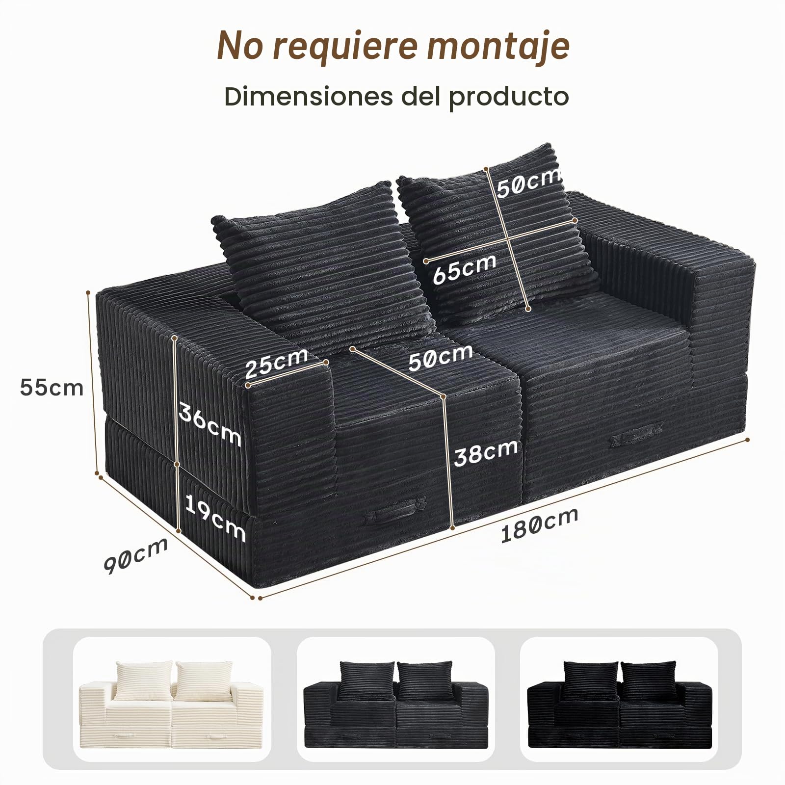 Vamcheer Sofá Cama Modular 2 Plazas con 2 Almohadas 180cm, Gris | Sofá cama de espuma, tapizado de franela suave, sin montaje, certificado OEKO-TEX, apto para salón, dormitorio y oficina
