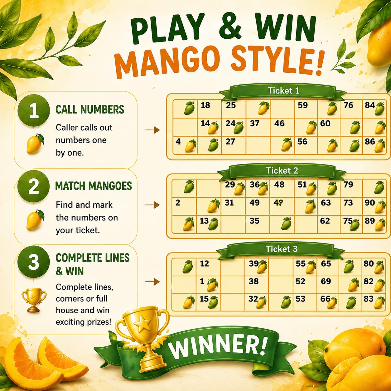 UltPult Tambola Mango Kaccha Aam Tambola Tickets Summer Theme Bingo Housie Game - More Dividends | English | Cards for Kitty Party, Friends & Family Gatherings (Set of 15 Tickets) 2