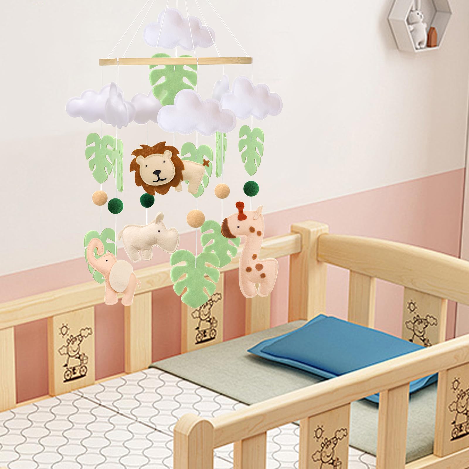Baby Mobile - Campana da letto per lettino - Jungle Animal Baby Mobile con leone, elefante, giraffa e ippopotamo, giocattolo rilassante per la cameretta dei bambini, regalo per neonati (animale)