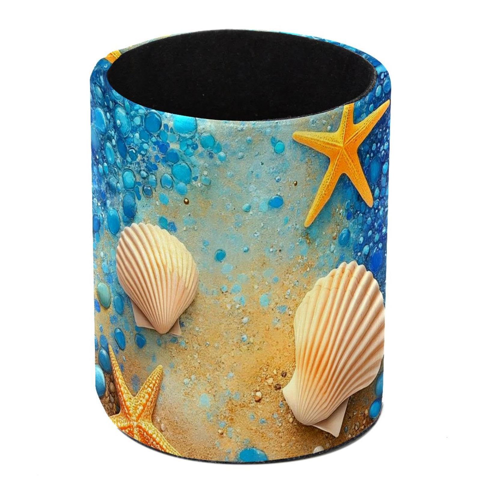 HEOEH Starfish Shell Pen Holder for Desk, PU Leather Pencil Holder Pen Cup Marker Holder Makeup Brush Holders, Desk Accessories & Workspace Organizers for Home, Office