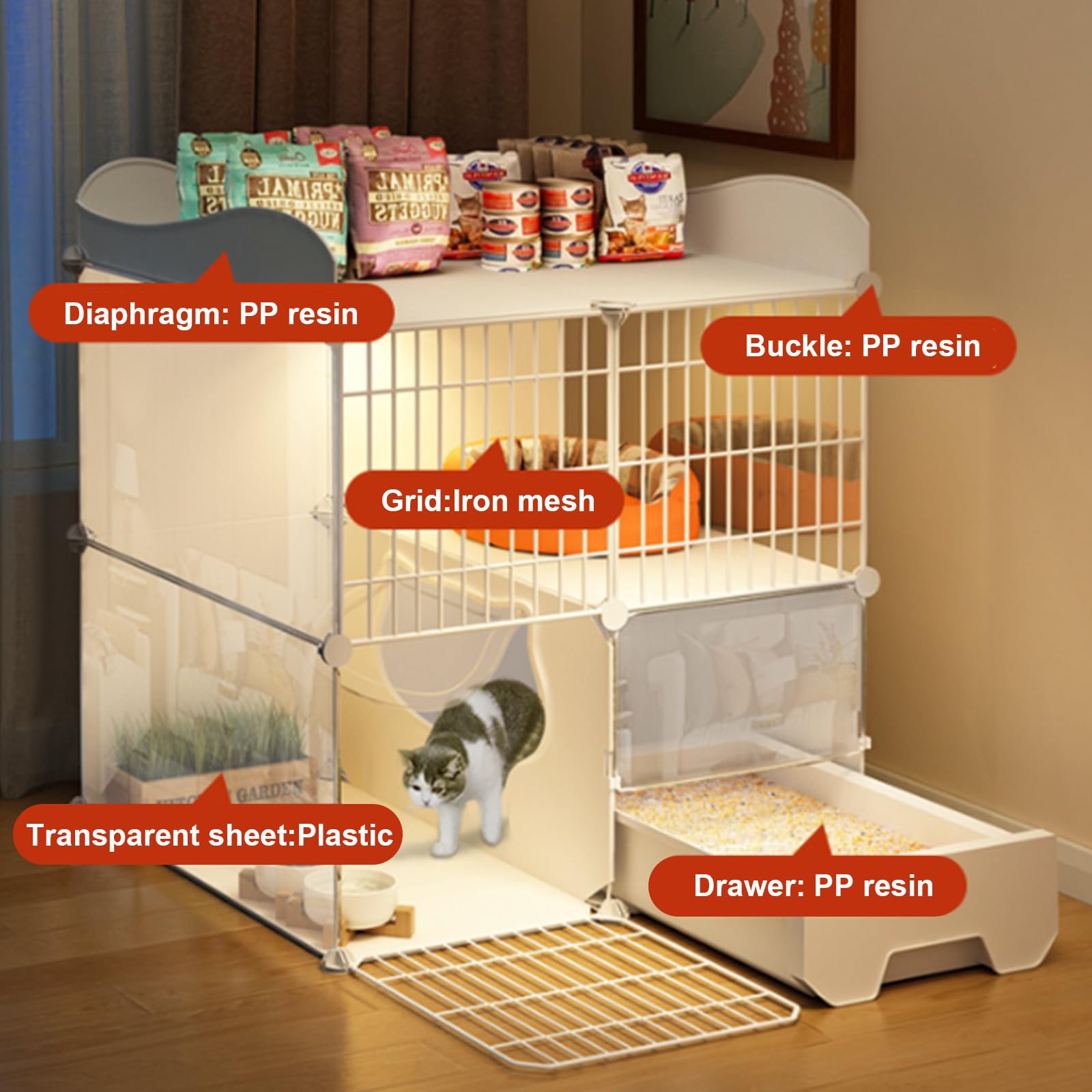 Cage d'intérieur pour Chat de qualité supérieure, avec bac à litière, Facile à Assembler, clôture Transparente HD et Grille métallique Robuste, pour Garder Votre Chaton en sécurité la Nuit