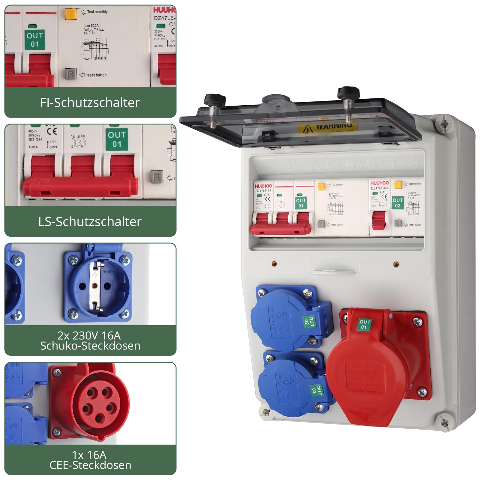 EYPINS Baustromverteiler mit LS+FI, Wandverteiler 2x 230V Schuko-, 1x CEE-Steckdose 16A Stromverteiler IP66 Wasserdicht, flammhemmende ABS Verteiler für Innen und Außen Werkstätten Fabriken