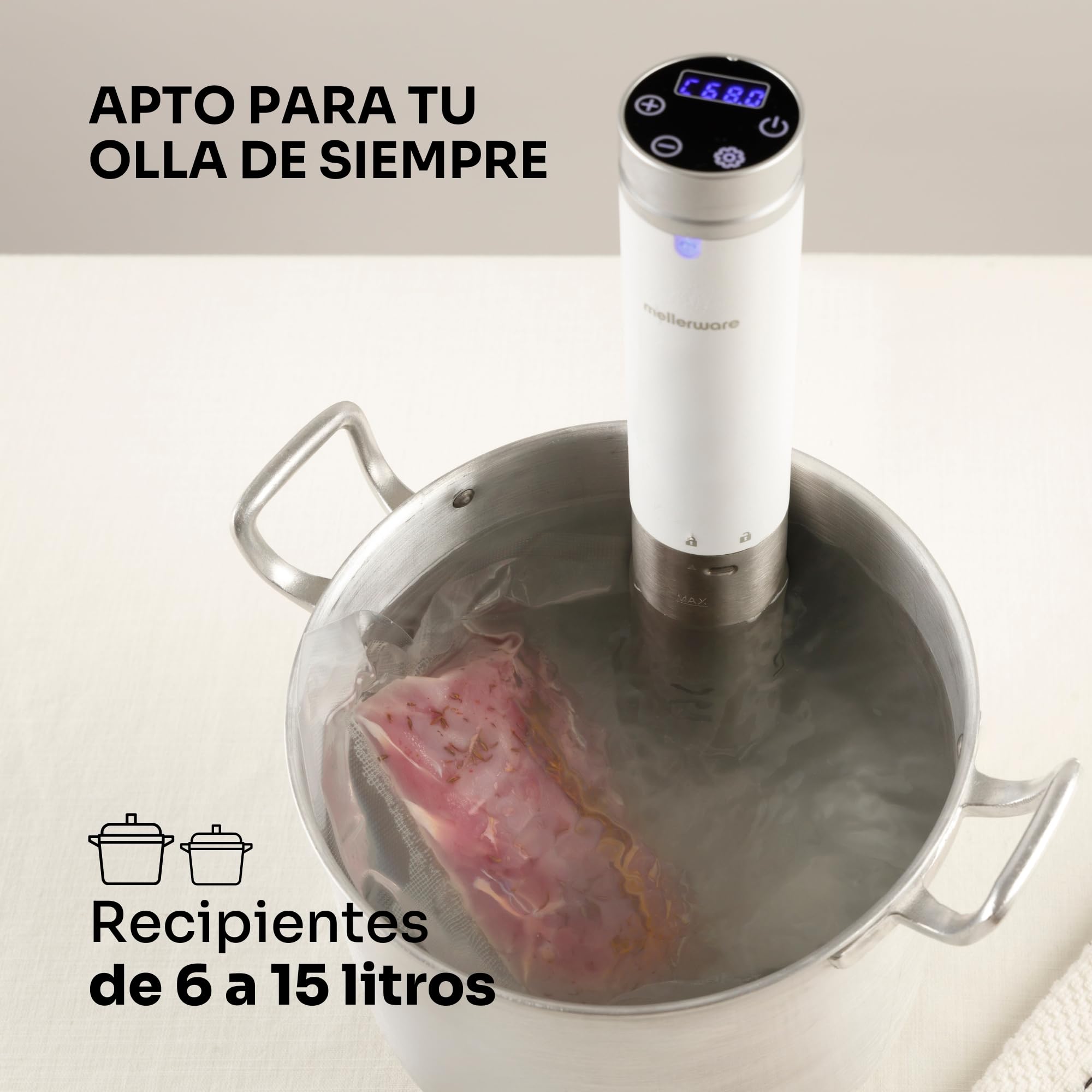 Mellerware - Sous Vide Roner Cheffy! 1000 W | Cocina Baja Temperatura al vacio | Pantalla digital | Temperatura hasta 90ºC | Temporizador | Maquina profesional en Acero Inoxidable | Blanco