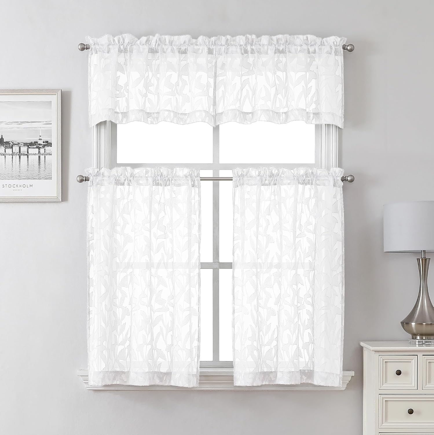 Lecloud White Sheer Curtains Jacquard Leaf Valances 14 Inch Length, 2 Pcs