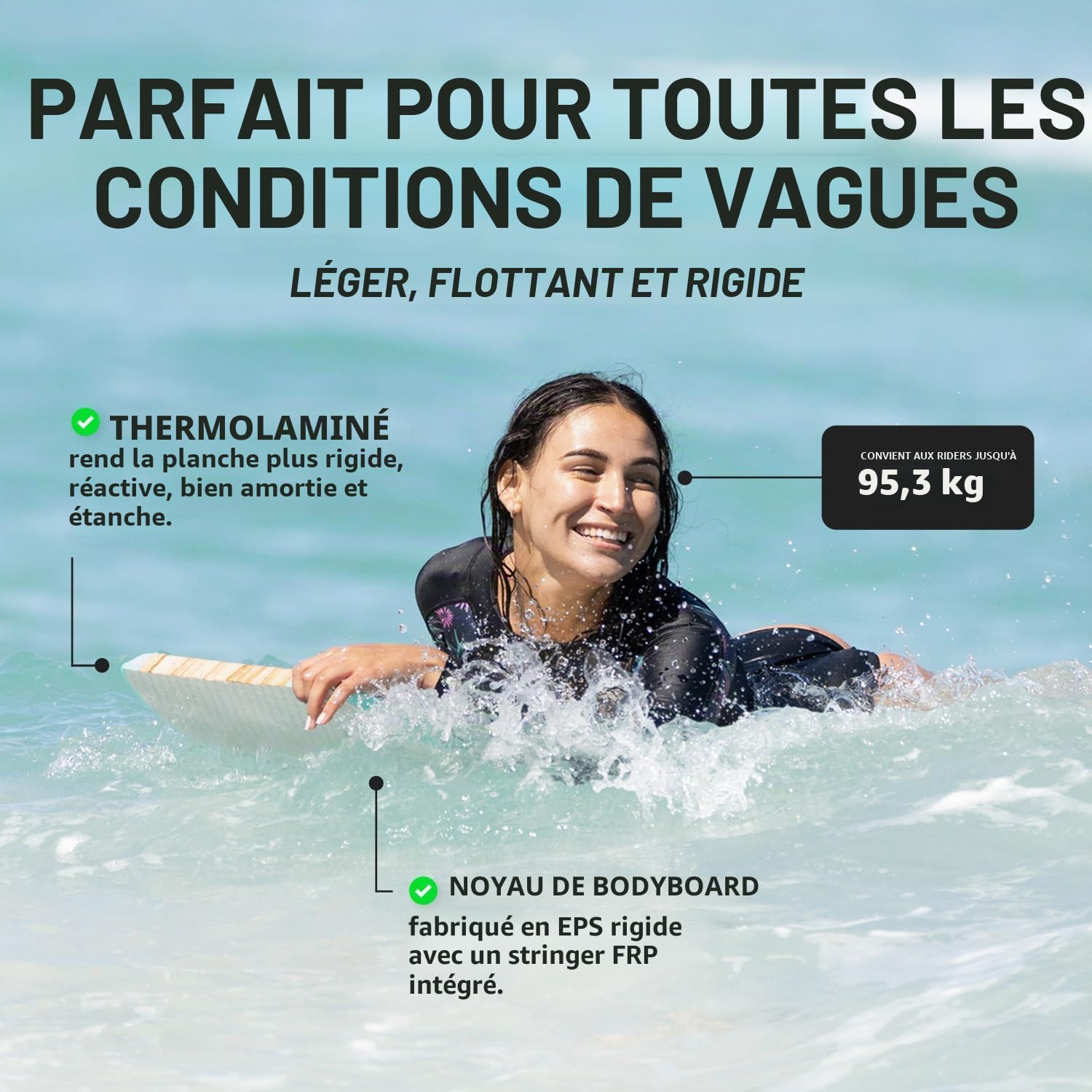 Thurso Surf Quill Bodyboard léger et Durable en EPS Core IXPE avec Fond Lisse en polyéthylène Haute densité, Queue Croissante, Double Canal en Maille Plastique avec Double émerillon en Acier