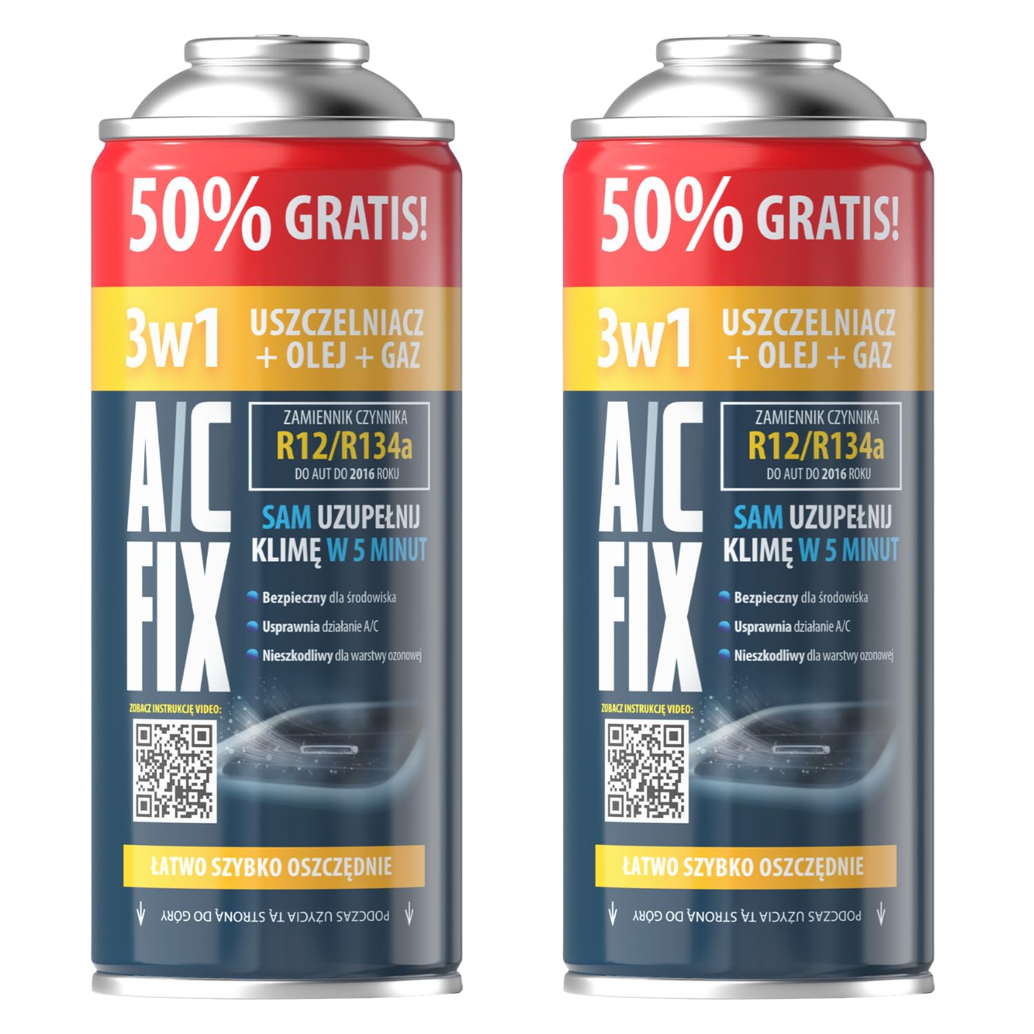 A/C FIX R134 Réfrigérant de Climatisation 3en1 avec Produit d'Etanchéité et Huile - pour Climatisation Auto - Réfrigérant pour Climatiseur Auto - 2 Canettes de 235 g ECO