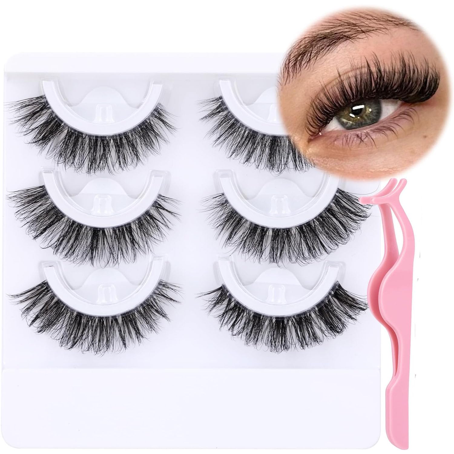 JoyzzzSelf Adhesive Eyelashes, False Eyelashes with Natural Look, Cat Eye Fluffy Eyelashes with Tweezers, Wispy Faux Mink False Lashes, No Glue Needed Reusable Self Adhesive Lashes