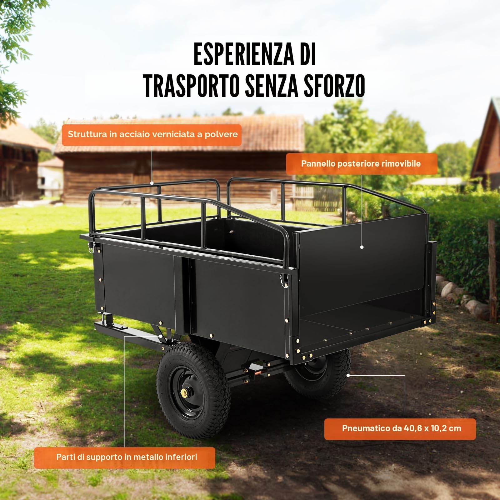VEVOR Carrello Rimorchio per Carichi Pesanti in Acciaio, Cassone di Trasporto da Giardino con Lati Rimovibili Portata max. 340kg ca. Carrello per Trattore Tosaerba con Ruote per Trasporto da Giardino
