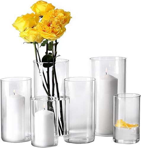 Hurricand - Portavelas de 6 piezas, soporte para velas de pilar de cristal, cilindro de vidrio transparente, jarrón cilíndrico de vidrio para