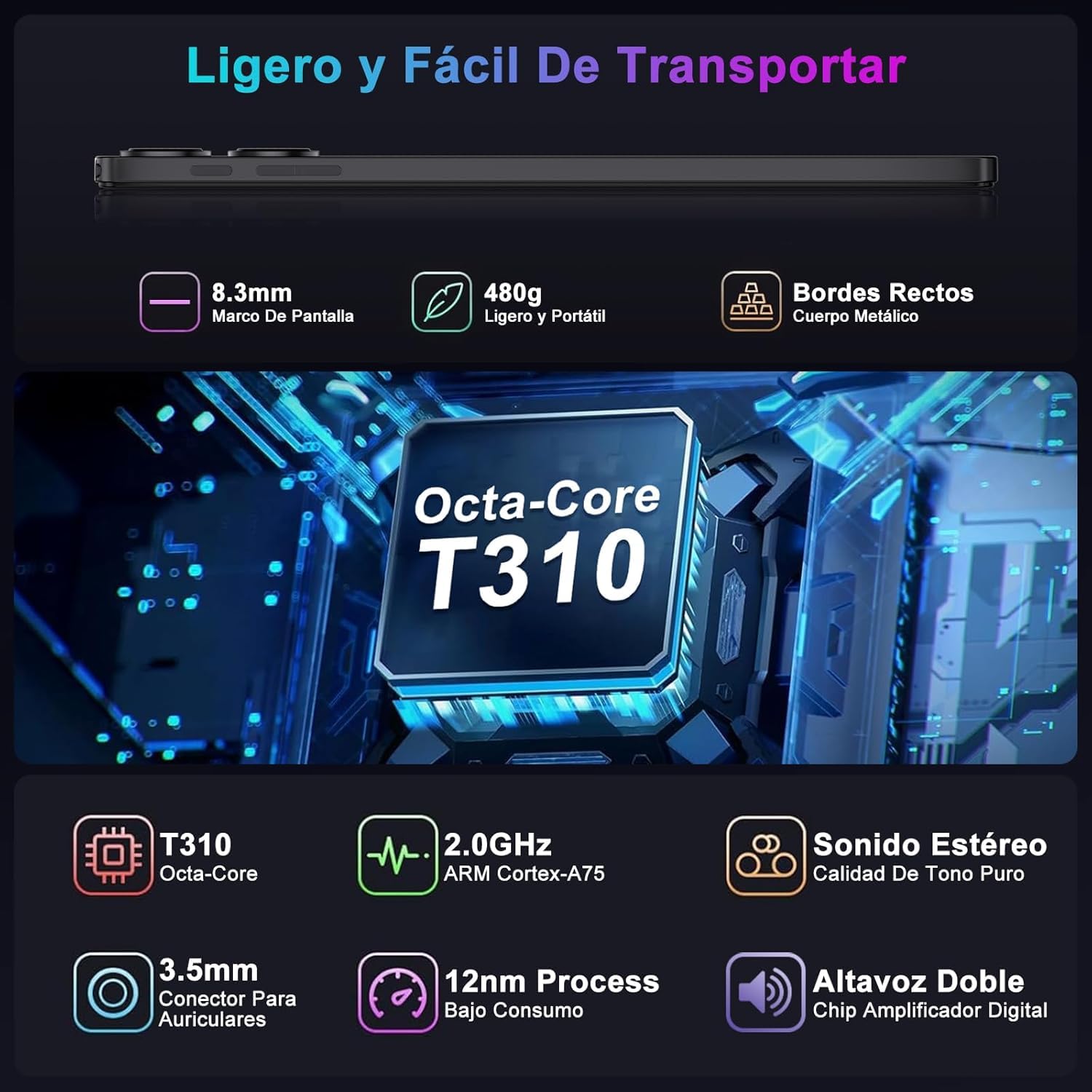 Tablet Android 15 Gemini AI, 128GB ROM+2TB TF, 30 RAM, 10 Pulgadas Tableta táctil con Teclado y ratón, 1280 * 800 IPS HD, Widevine L1, 2.4G/5G WiFi, Octa-Core, 5MP+8MP, BT 5.0, 8000mAh, Metálica Negro — view 4