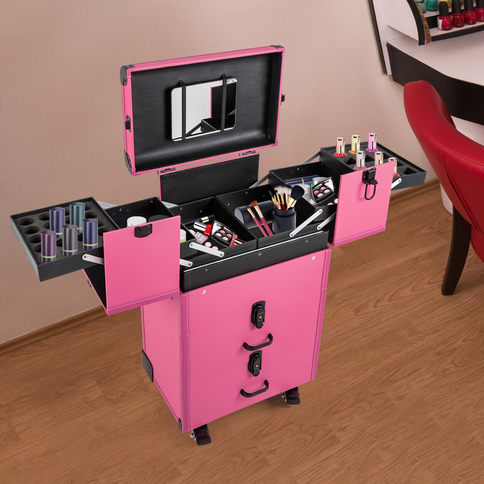 LyeXD Rolling Makeup Train Case,Lockable Portable Cosmetic Organizer Trolley Makeup Rolling Case w/2 Drawer&Keys, Large Makeup Cosmetic Storage Case on Wheels for Makeup Artists (Rose Red)