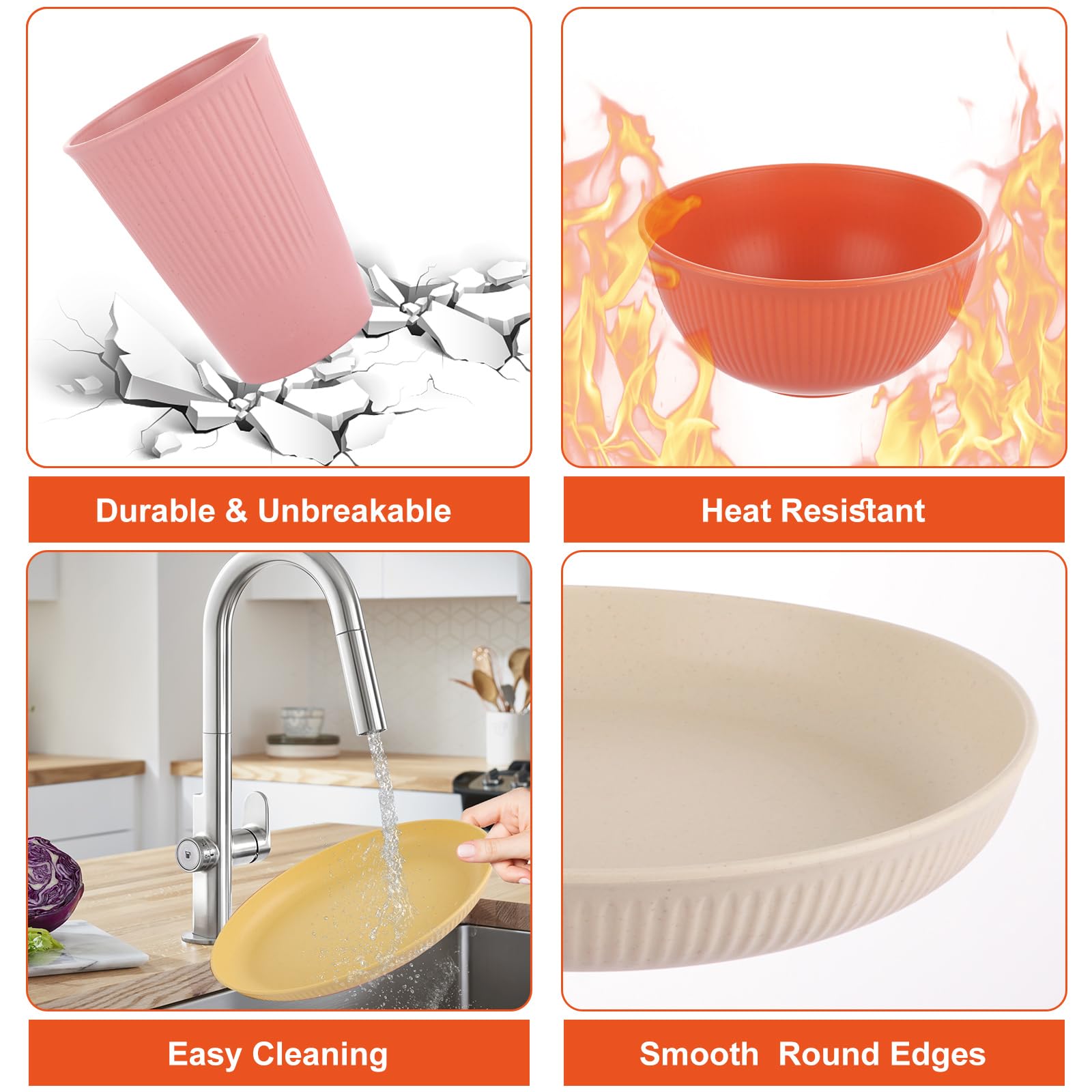 Lot de 18 assiettes et bols en plastique incassable - Pour camping, pique-nique, fête, micro-ondes et lave-vaisselle