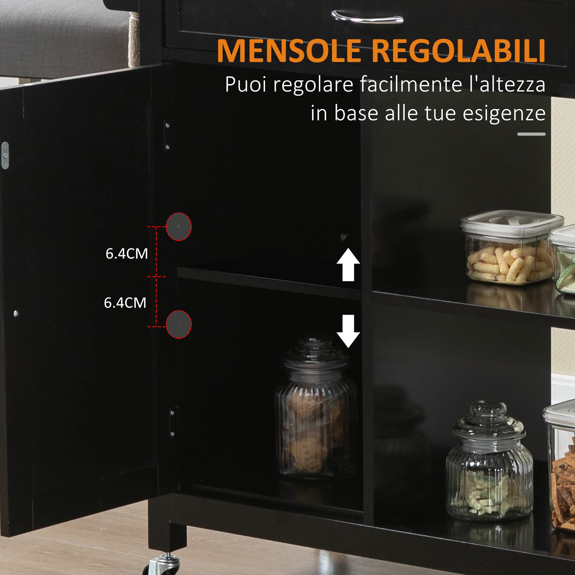 HOMCOM Carrello da Cucina in Legno con Cassetto, Armadietto e Ripiani, Carrellino Portavivande con Ruote, 83x45x88cm, Nero