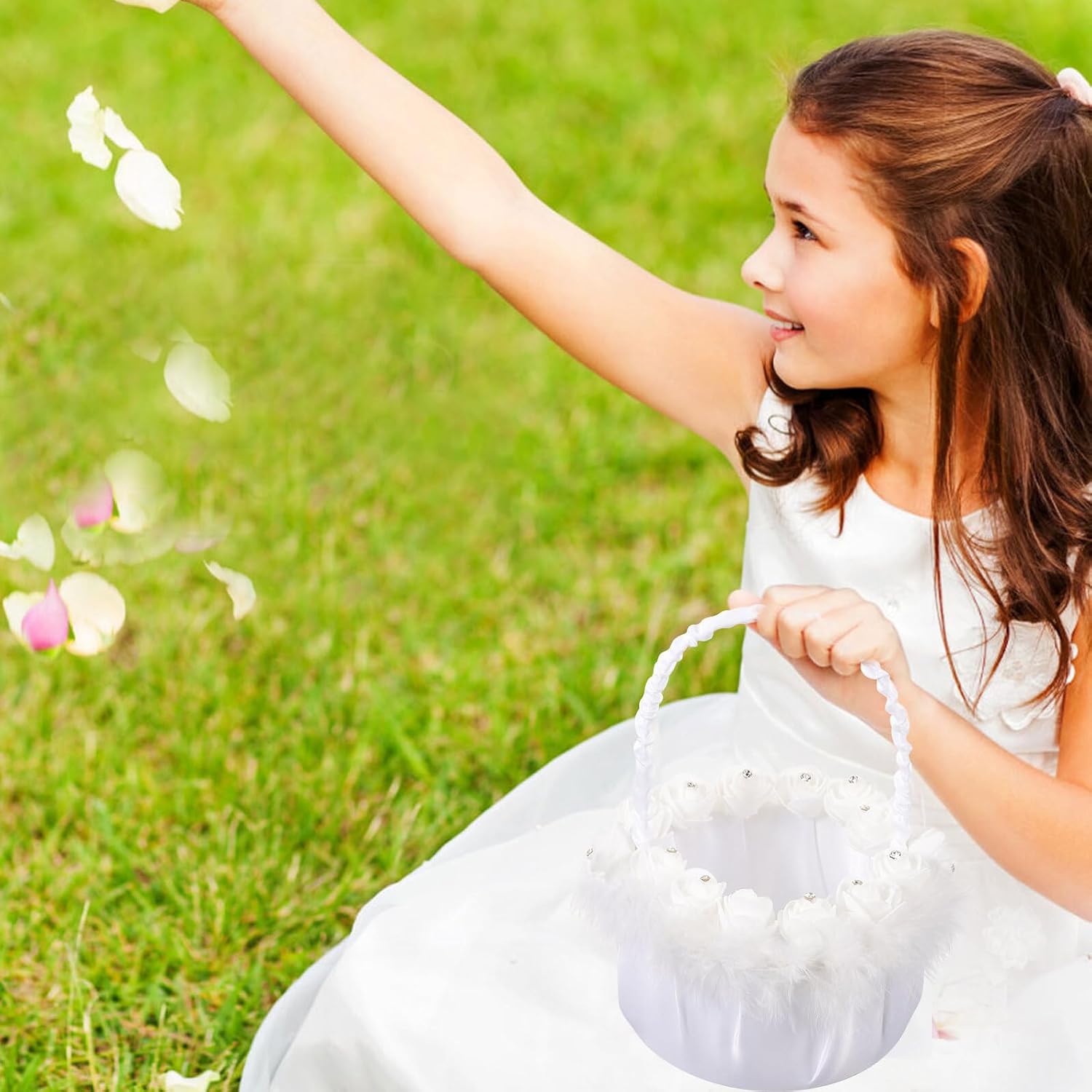Flower Girl Basket for Wedding Bride Soft Decorative Floral Basket with Rhinestone Accents Rustic Wedding Ceremony