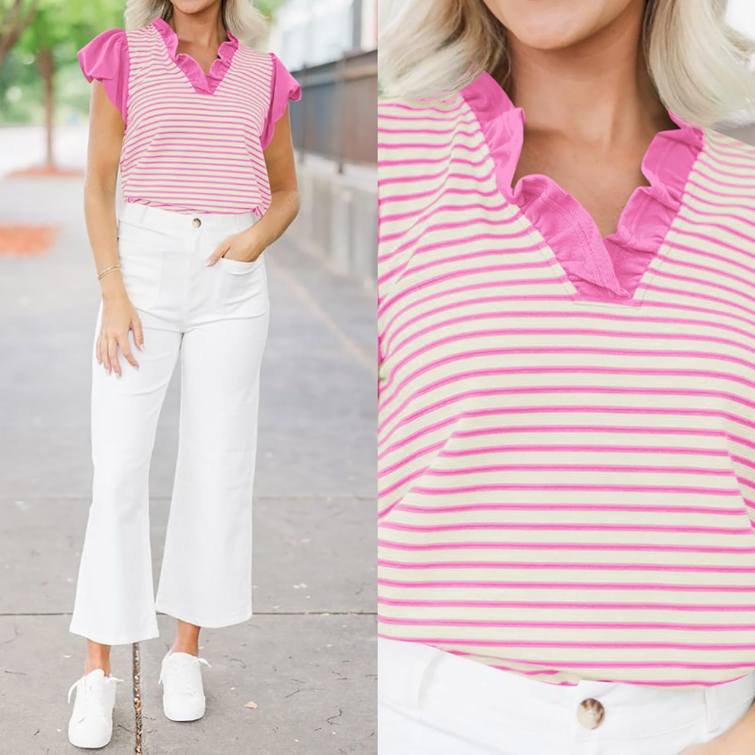 Tankaneo Womens Ruffle Cap Sleeve Tank Tops Summer Casual Cute Color Block Striped Tshirts Pleated V Neck Shirts - Image 2