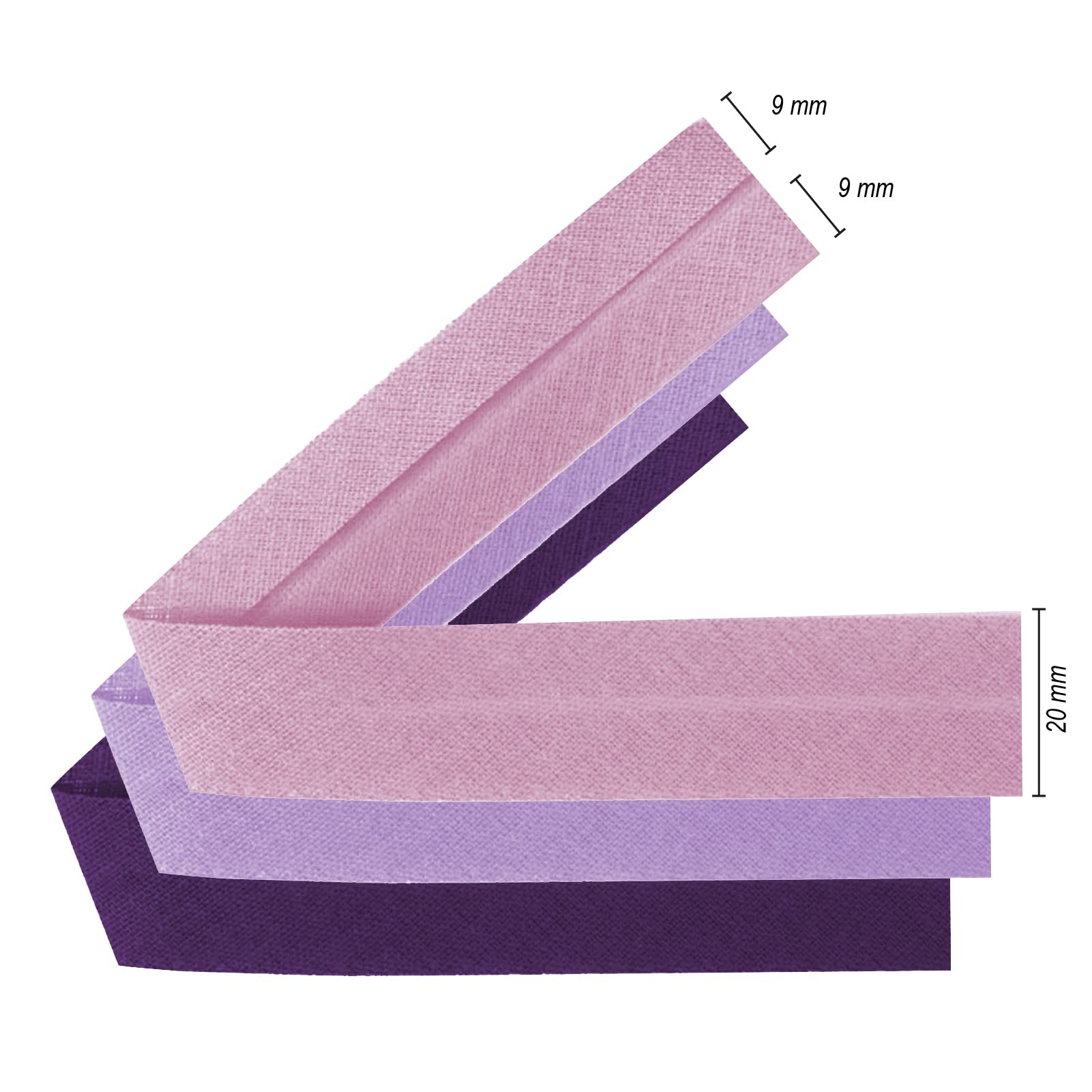 TEXTEX = Biais de 20mm de Large. 50% Coton et 50% Polyester. Pack de 3 Pièces de 10m Chacune - (Rose- Lilas- Violet)