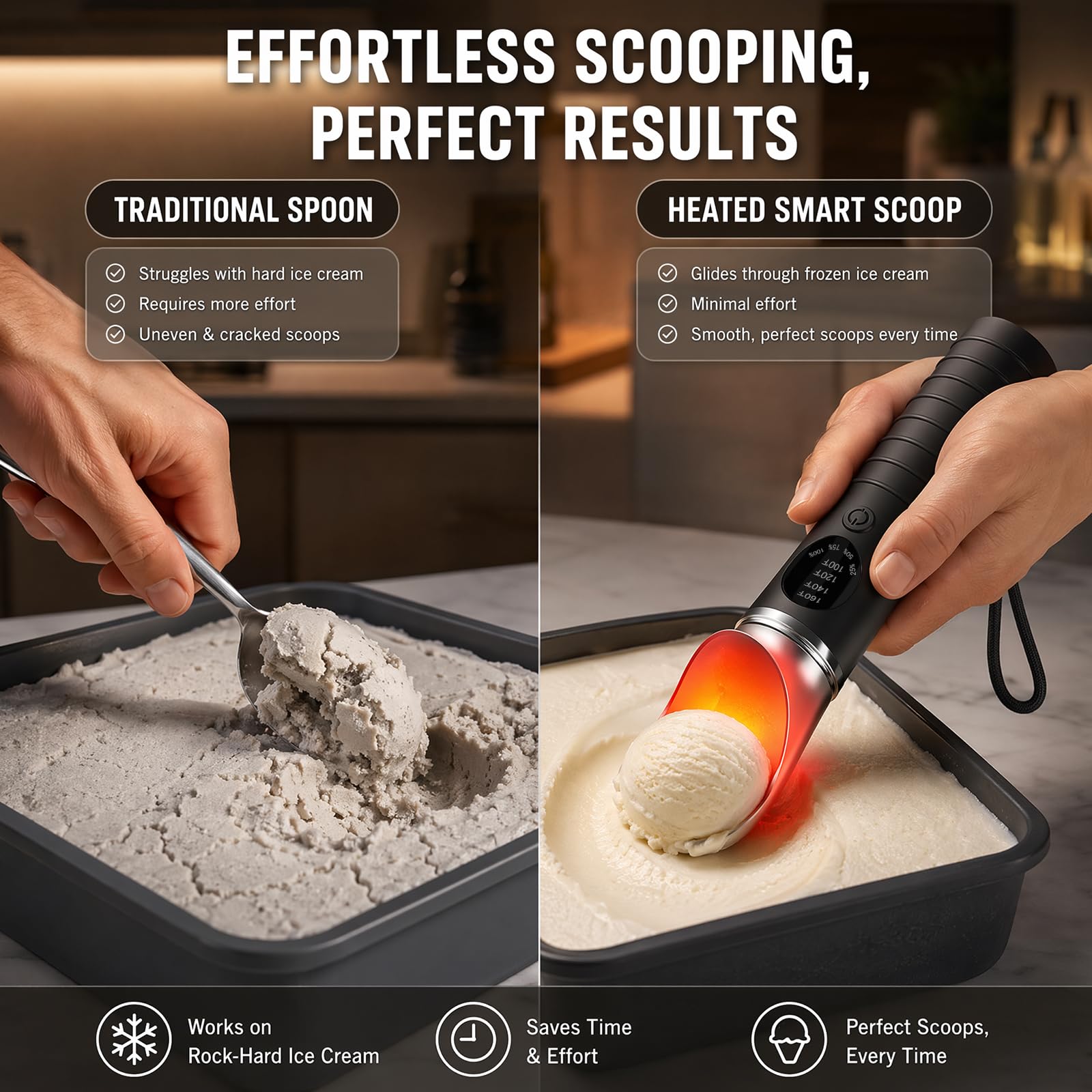 Cuillère à glace chauffante en acier inoxydable, 3 vitesses de température (49 °C/60 °C/71 °C) pour glace dure et gélato, charge rapide USB-C avec écran LED, étanche (IP67), cuillère ergonomique pour