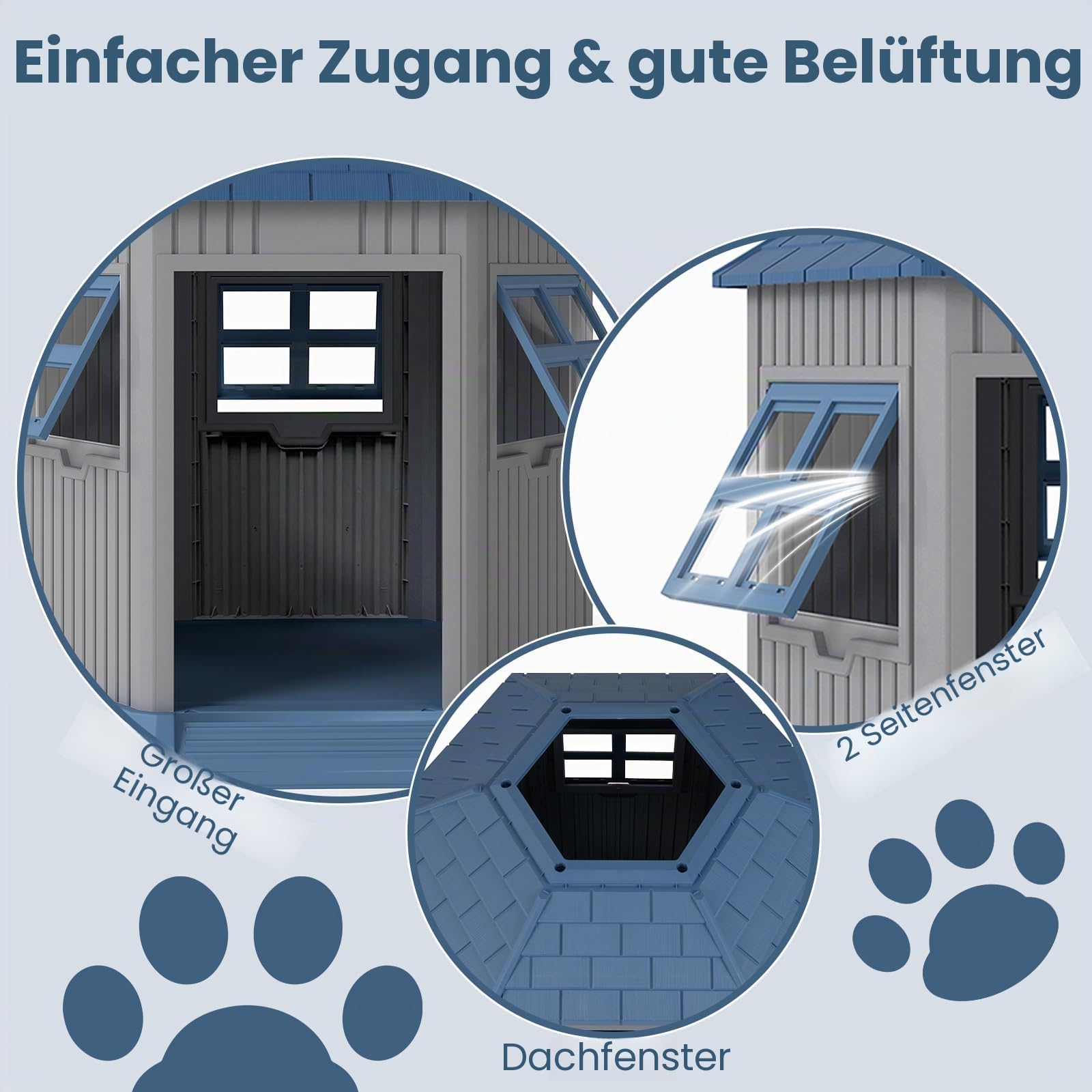 FANTASK Hundehütte Outdoor, Hundehaus Winterfest mit großer Tür & 2 Fenstern aus PP, scheunenförmig, Outdoor Hundehütte für mittelgroße bis große Hunde & Katzen, Grau