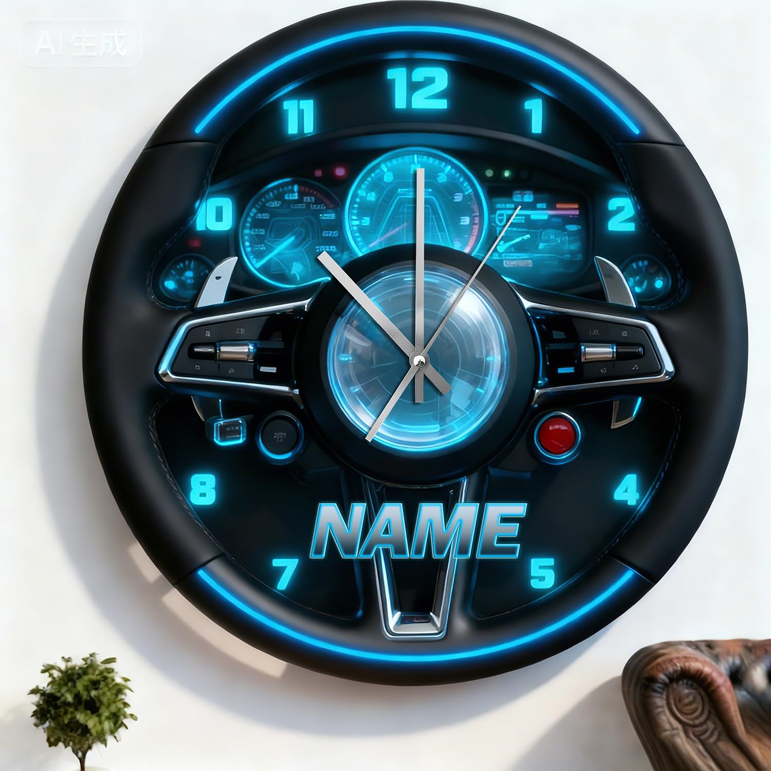 Personalized Car Steering Wheel Dashboard Themed Clock Custom Name Car Steering Wheel Wall Clock, 2D Dashboard Wall Art Decor for Home Bedroom Living Room, Christmas Birthday Gifts for Men Women