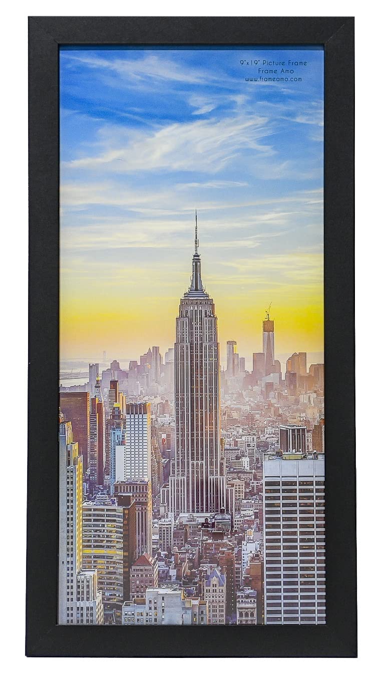 Frame Amo 9x19 Black Modern Picture or Poster Frame, 1 inch Wide Border, Smooth Wrap Finish, Acrylic Face