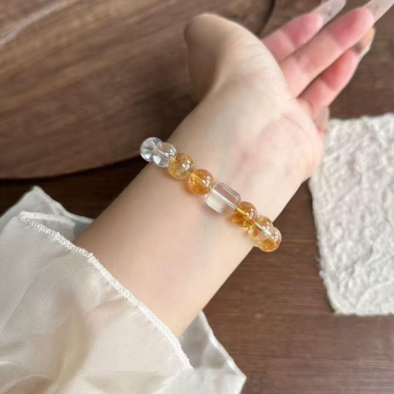 Bracciale elasticizzato con perline di cristallo naturale e pietre preziose | Citrino naturale che attrae il braccialetto di abbondanza di ricchezza, feng shui Energia curativa di successo
