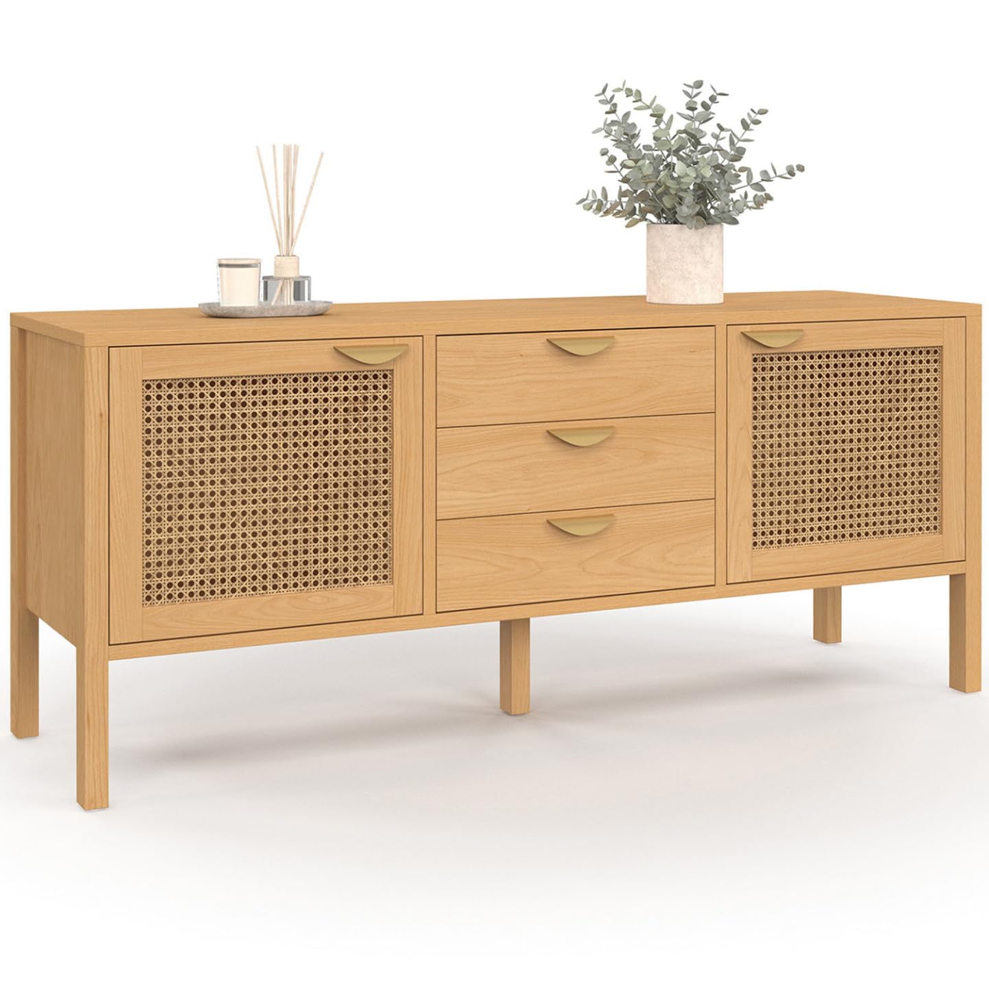 Aparador bajo con rejilla de cannado natural y estructura de madera EDHEN 140 cm