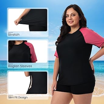 HODOSPORTS Women's Plus Size Rash Guard UPF 50+ Swim Shirt Sun Protection Swimsuit Top Short Sleeve 1X-6X