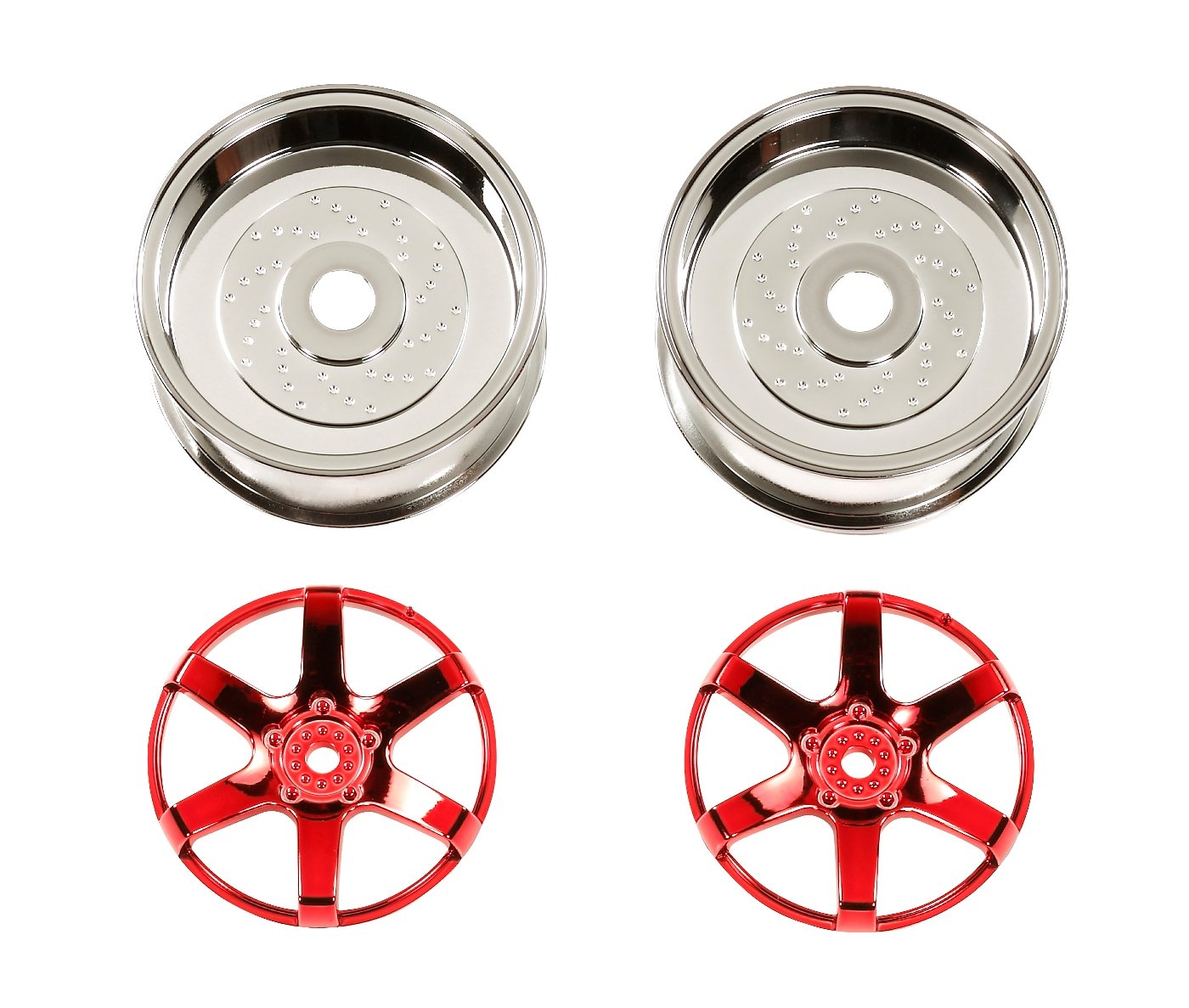 Tamiya #54552 Red Plated 6-Spoke Wheels - 26mm Width / Offset +4 (2) for Tamiya Miscellaneous