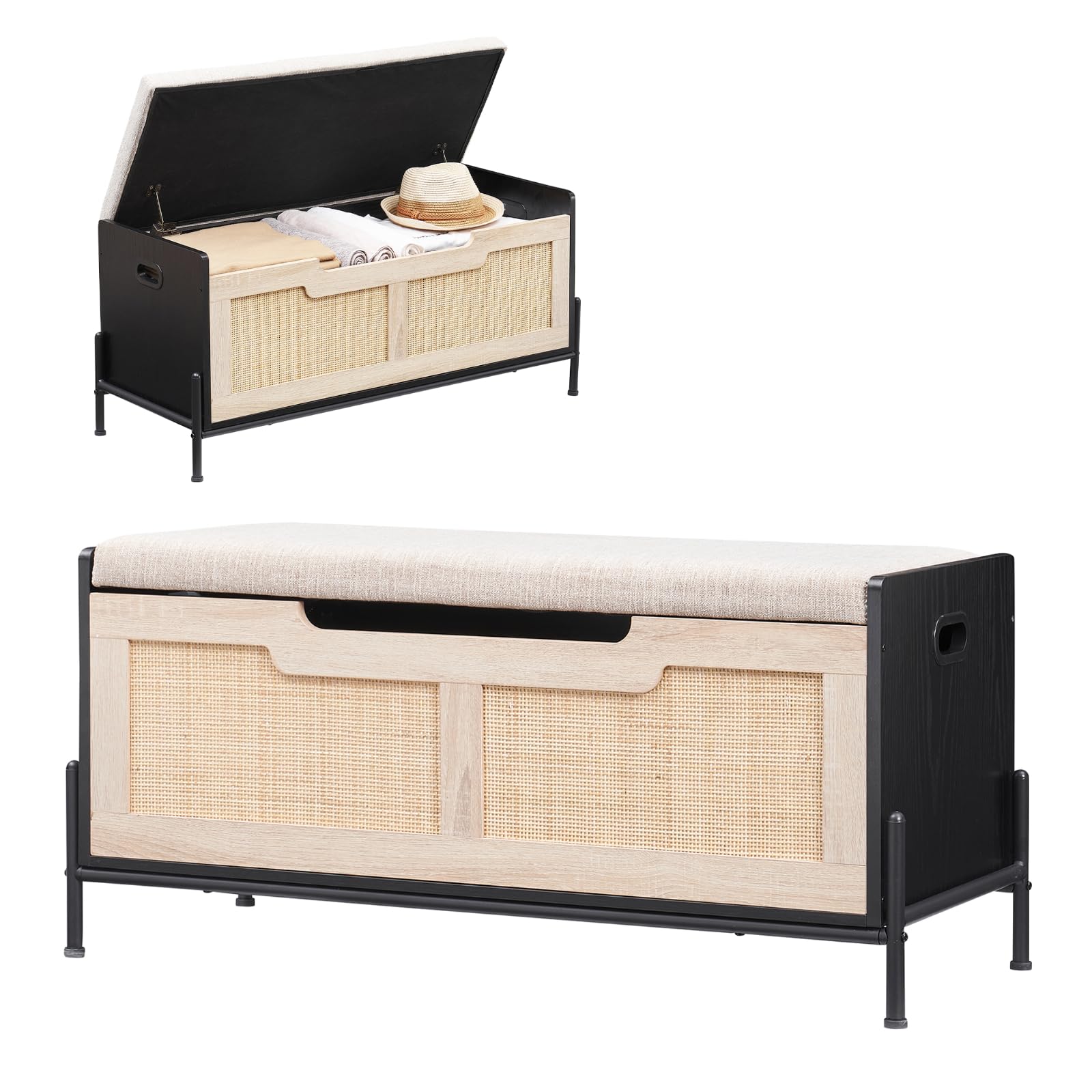 Garvee Schuhbank Rattan Sitzbank mit Kissen Sitztruhe mit Stauraum Aufbewahrungsschrank Aufbewahrungstruhe für Flur Schlafzimmer Wohnzimmer 100 * 40 * 46 cm Schwarz