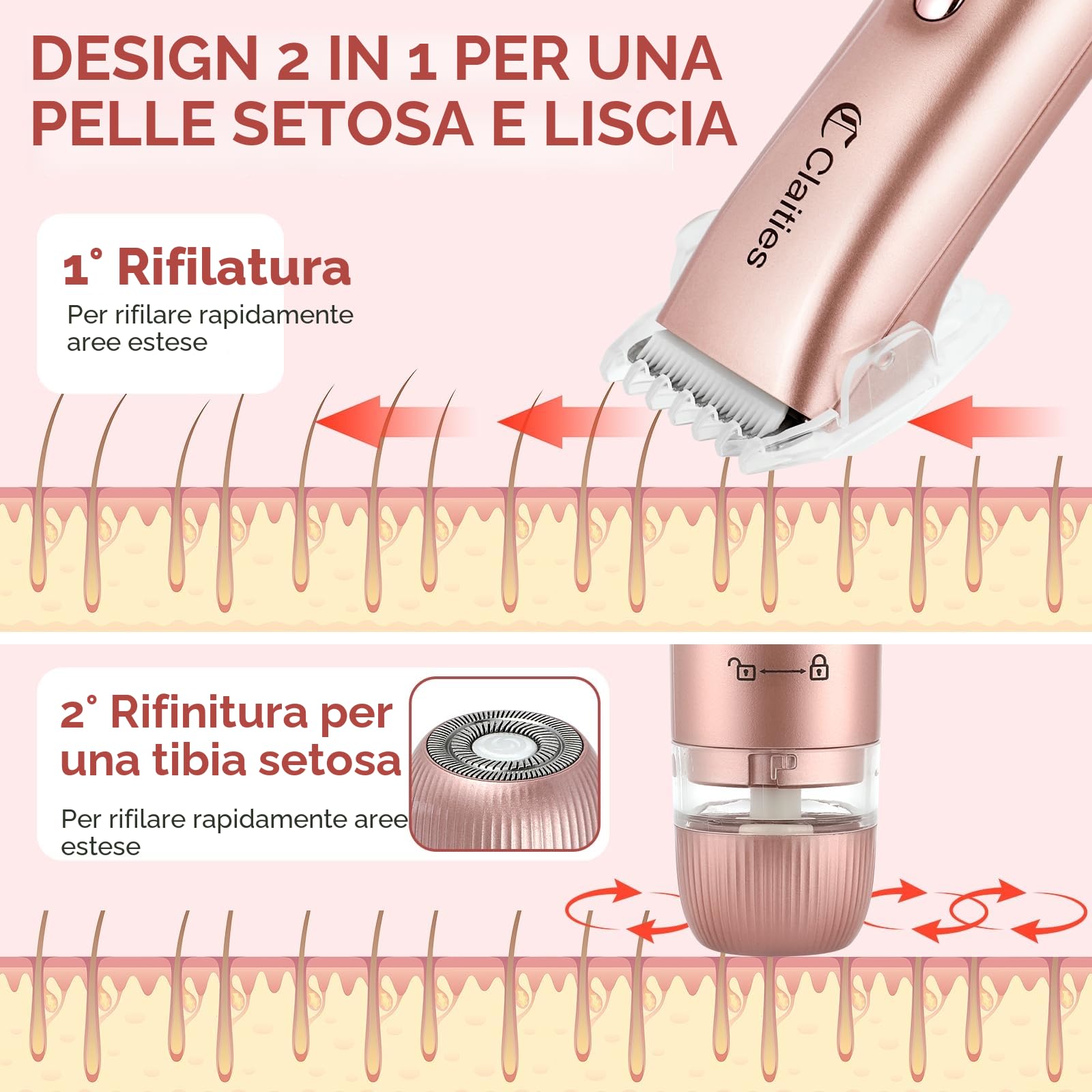 Rasoio elettrico da donna 2 in 1 per bikini a doppia testa, IPX7, impermeabile, per uso bagnato e asciutto, per rimuovere i peli del corpo e il viso, per bikini, ascelle, gambe, braccia, corpo viso