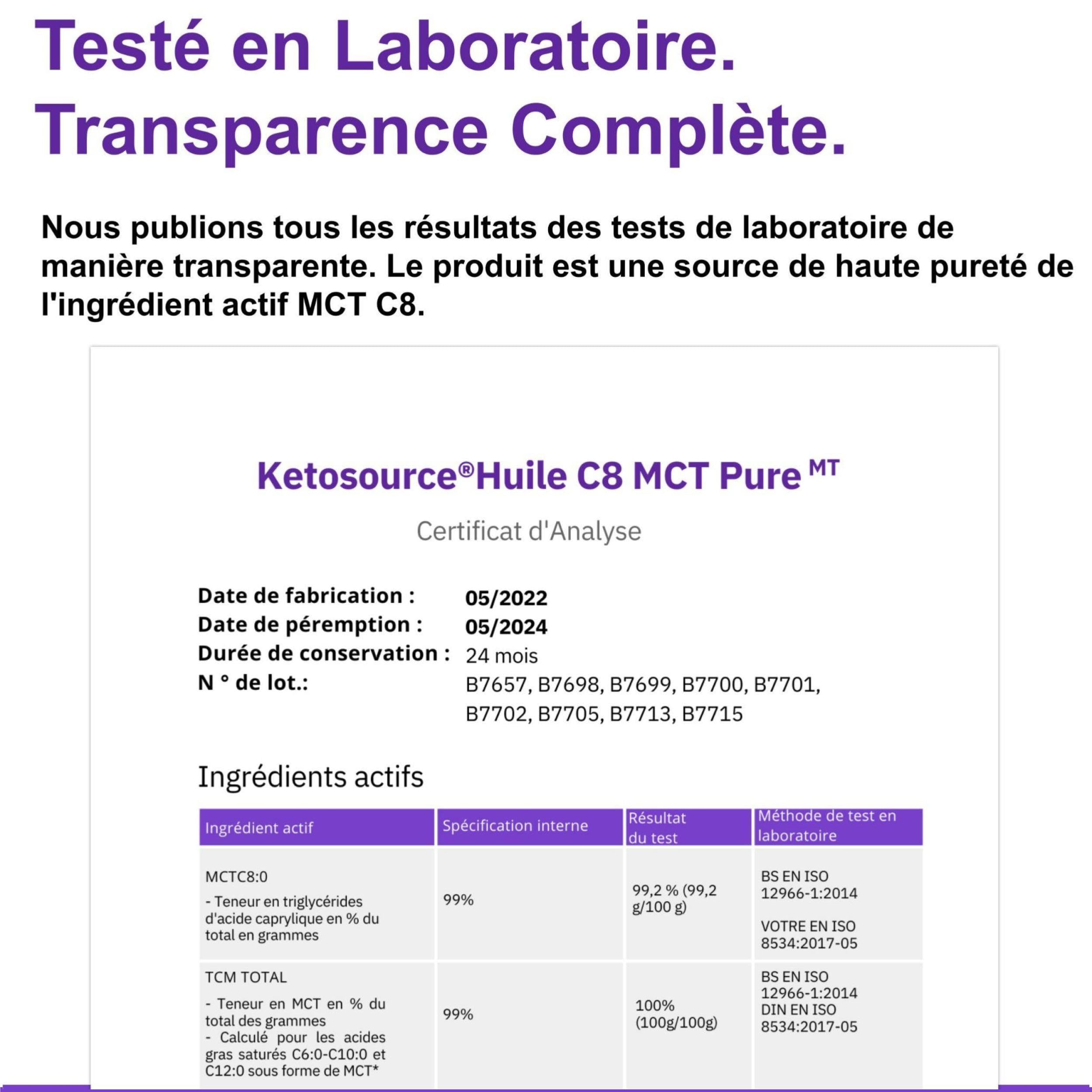Huile MCT Pure C8 | Bouteille en verre | Produit 4 fois plus de cétones que les autres huiles MCT | Pureté élevée 99%+ | 100% noix de coco | Conforme au Keto et au jeûne | 500 ml | Ketosource®