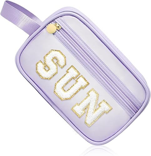 Miniatura 7 de COSHASYOO - Bolsas de maquillaje transparentes con correa de chenilla con parche de letras para cosméticos, bolsa pequeña y bonita para artículos