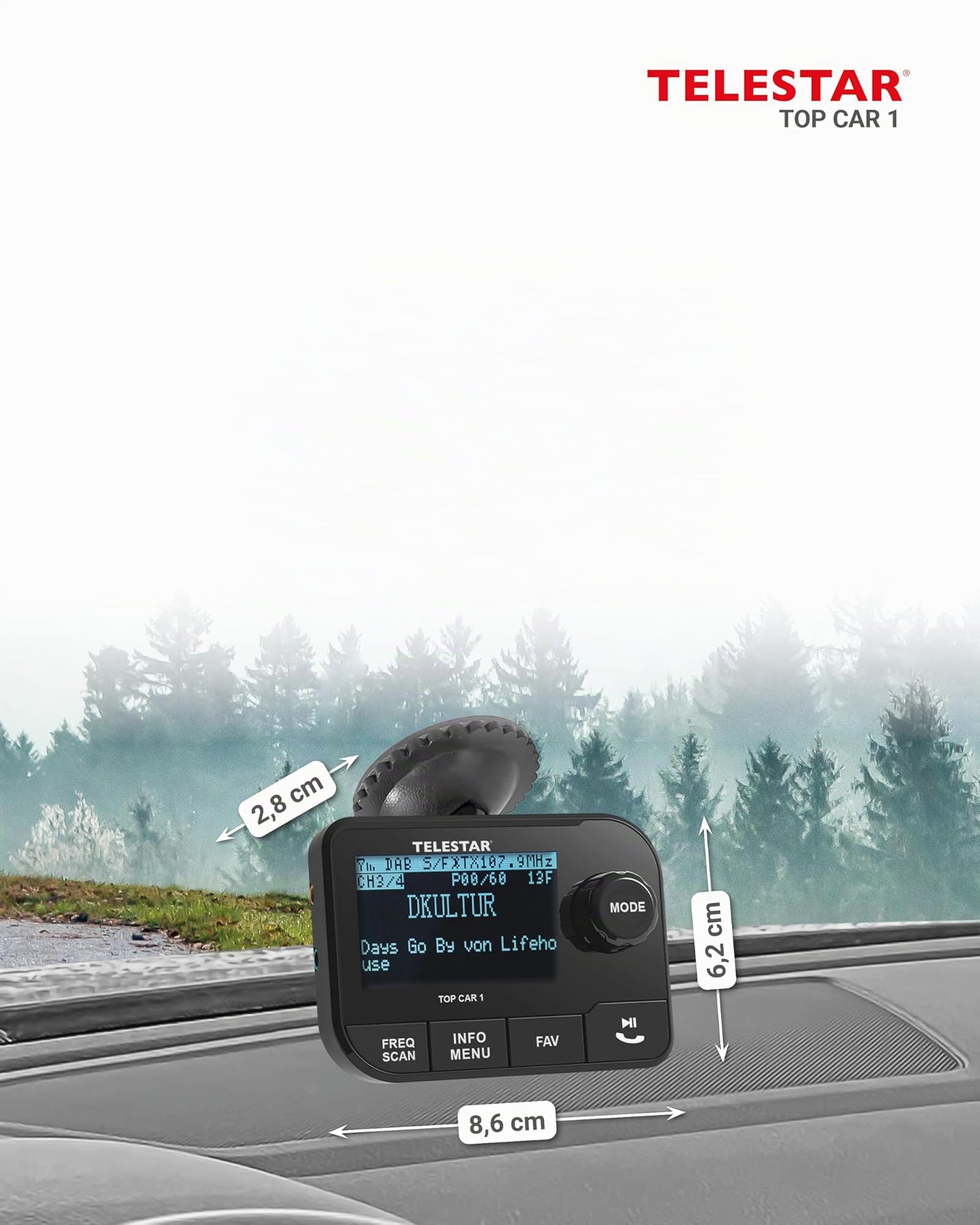 TELESTAR TOP CAR 1 – Adattatore DAB+ per autoradio, slot microSD – Nero | Trasmettitore FM, uscita Line-Out, streaming audio Bluetooth, display 2,3″, supporto a ventosa