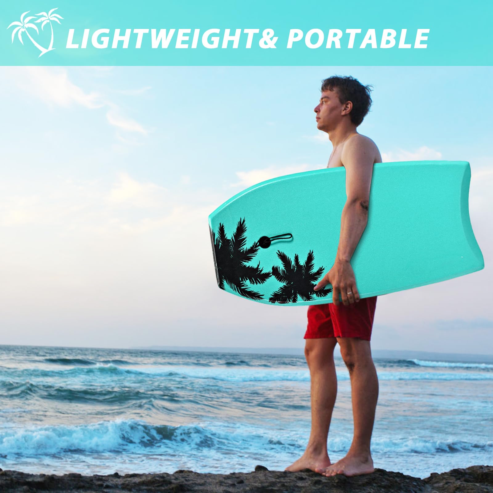 HOMASIS Bodyboard Surf da Tavola con Cavo di Trazione da 90 cm, Tavola da Surf per Bambini e Adulti, Tavola da Onda con Nucleo in Schiuma EPS e Motivo di Alberi di Cocco