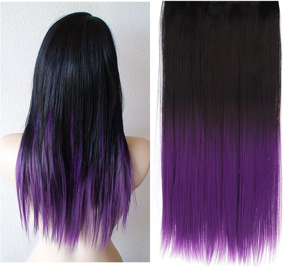 SARLA 24" Straight 1Pc 3/4 Full Head Clip In Colored Highlight Hair Extension Synthetic Ombre Hair Extensions Japan Heat Resistant Fiber 50 Colors Available(#666 1BTPURPLE)